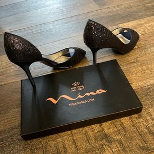 Women’s Nina Evening Shoes. Navy Blue Glitter. Open Toe Pumps.